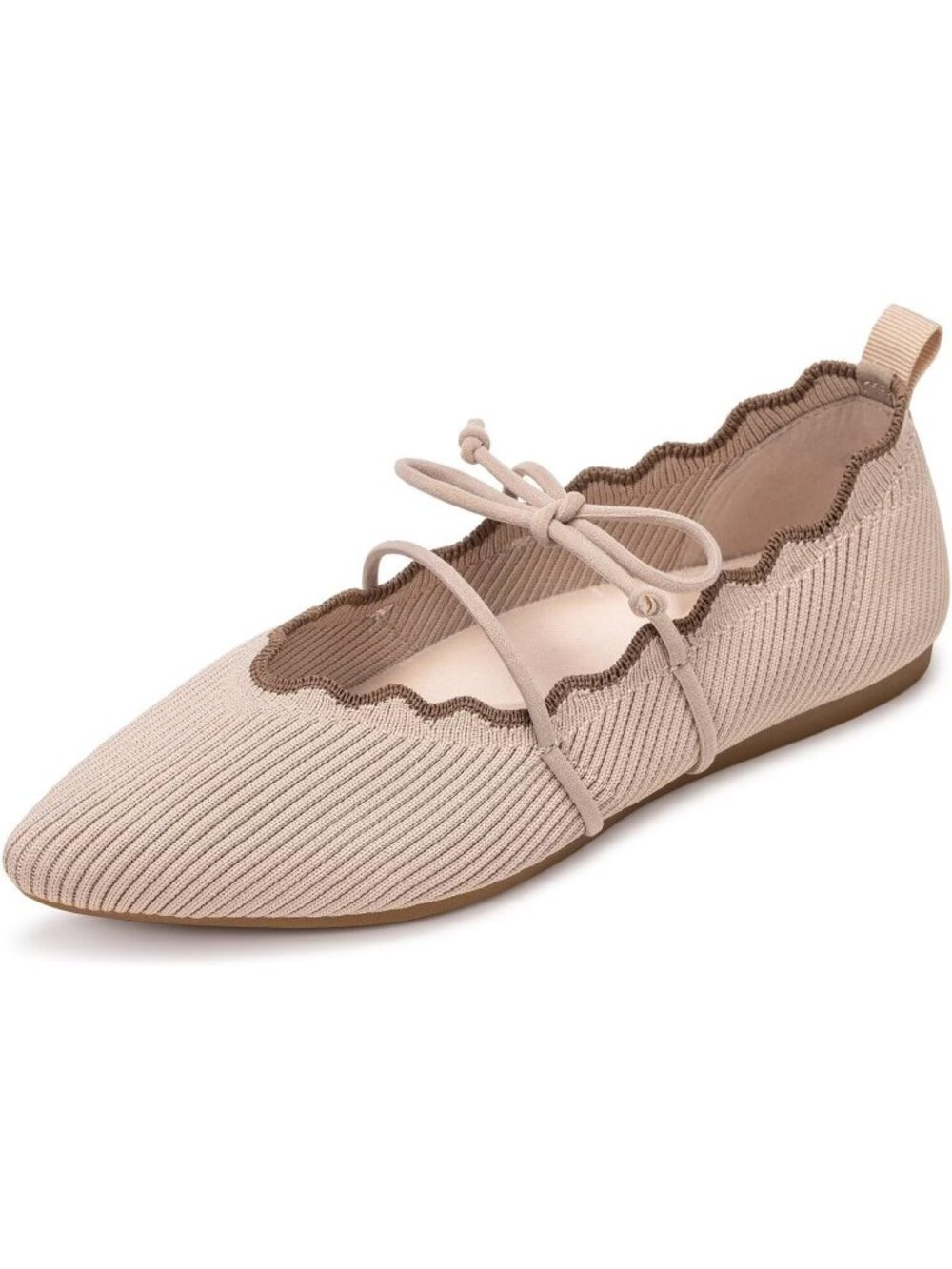 Women's Cream Rubber Knitted Slip On Pointed Toe with Ruffled Vamp Elastic Flats - Picture 6 of 7